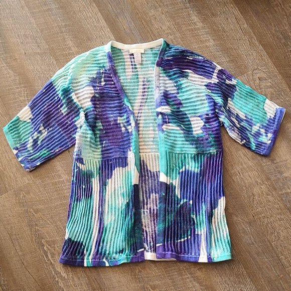 Chico's Watercolor Open Front Cardigan Teal Blue White Size Small/ Chico's 0 - Picture 1 of 8